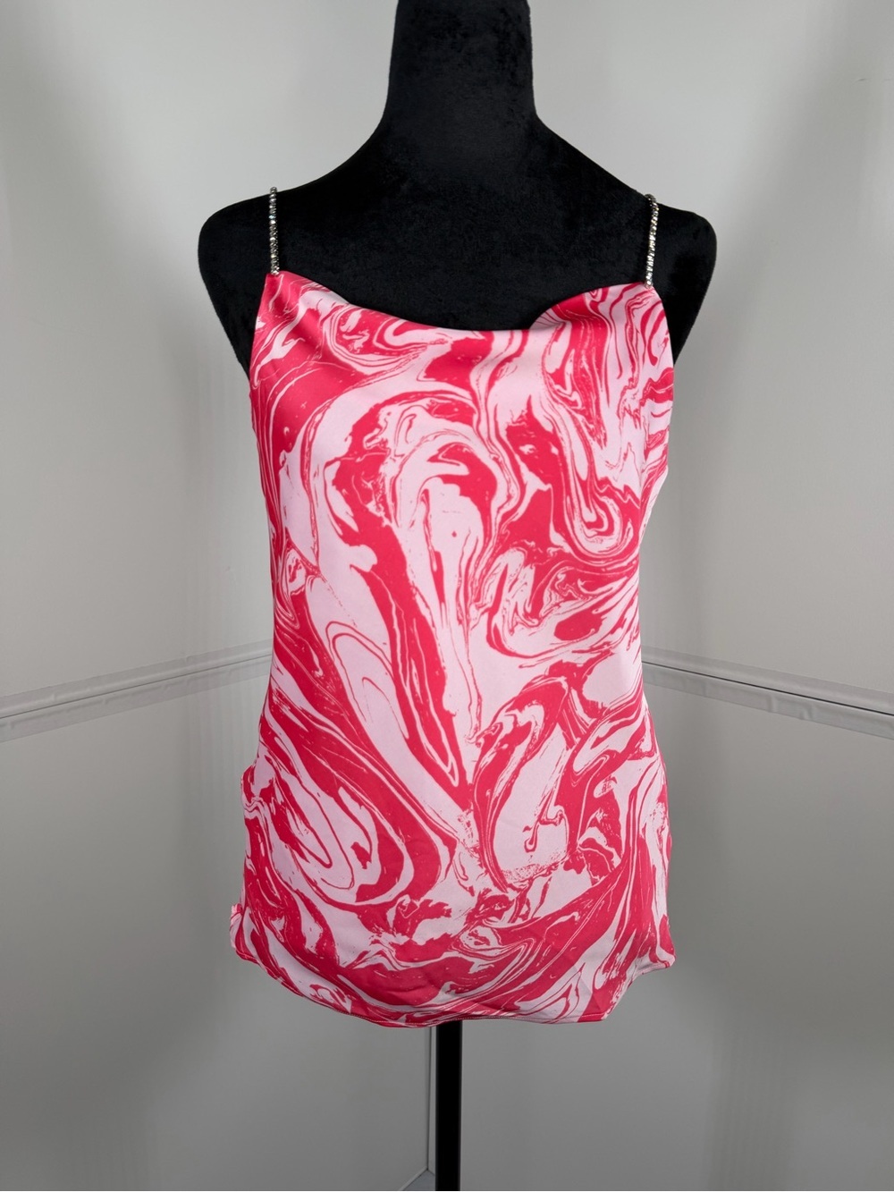 NWT DO+BE Pink Marble Print Rhinestone Strap Cowl Neck Cami Top Size Small